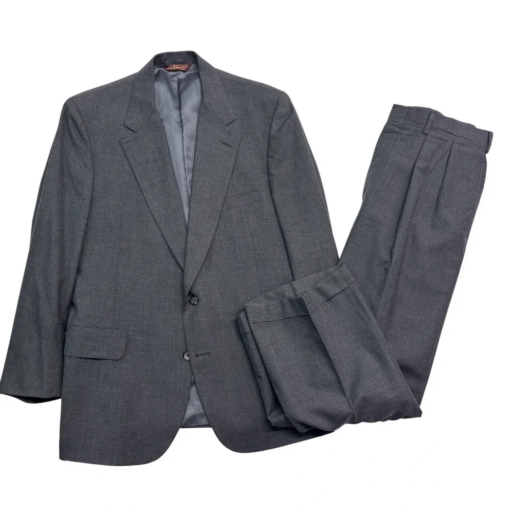 vtg 90s Nordstrom 40S 41S 34x29 Charcoal 2pc Pant Suit Pleated Cuffed wool USA